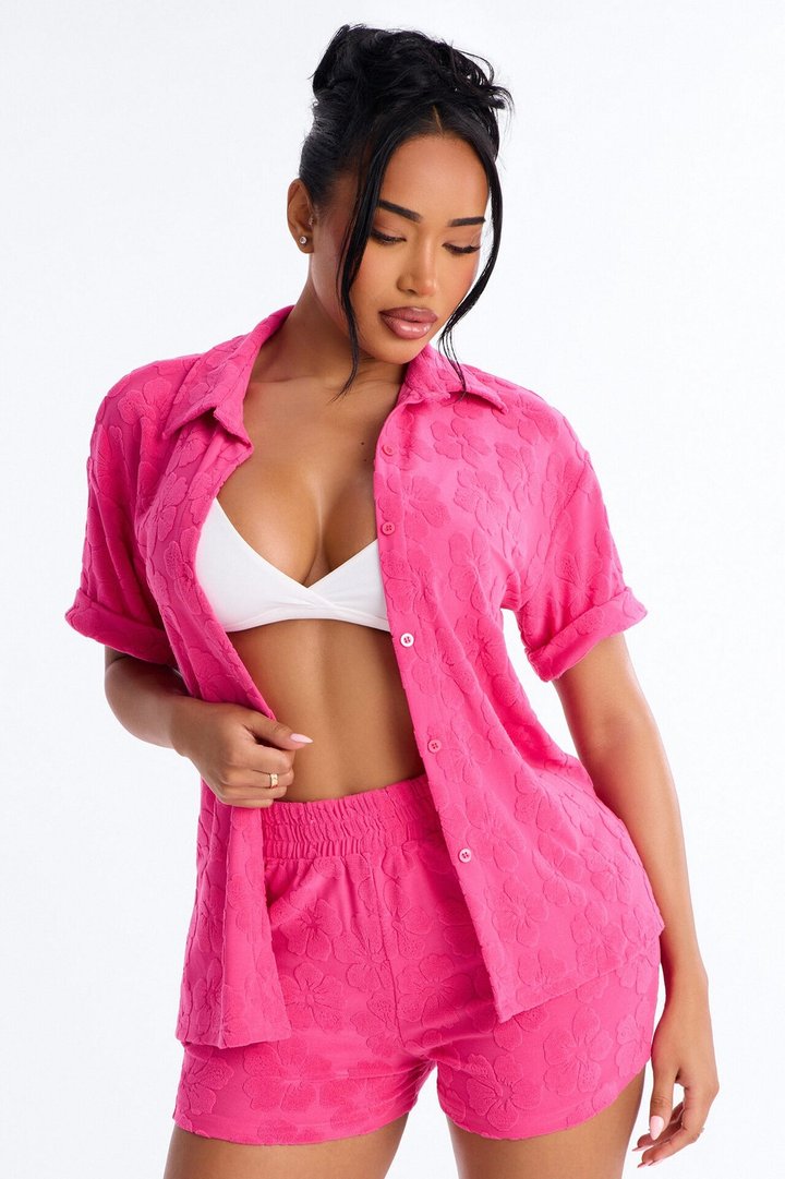 Cristal Textured Swim Cover Up Short Set - Fuchsia
