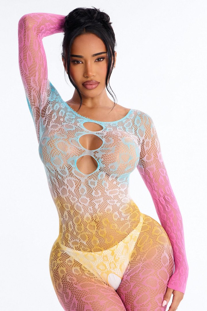 On Top Ombre Fishnet Jumpsuit Bodystocking - Pink/combo