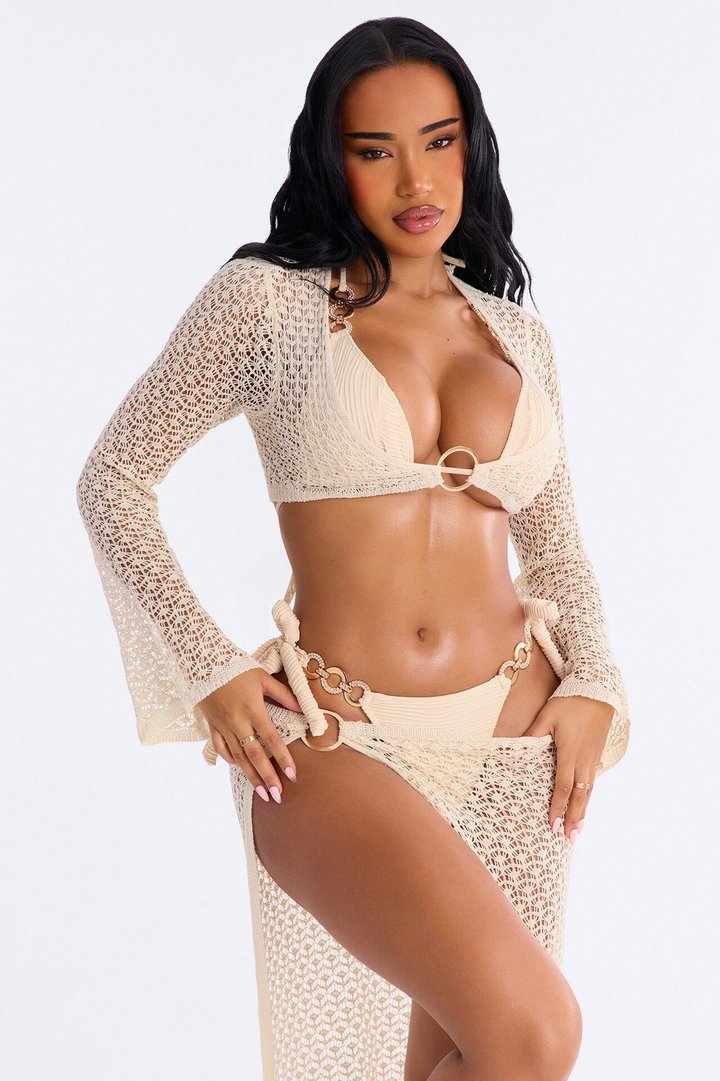 Maggie Sheer Long Sleeve O-Ring High Slit Swim Cover Up Skirt Set - Cream