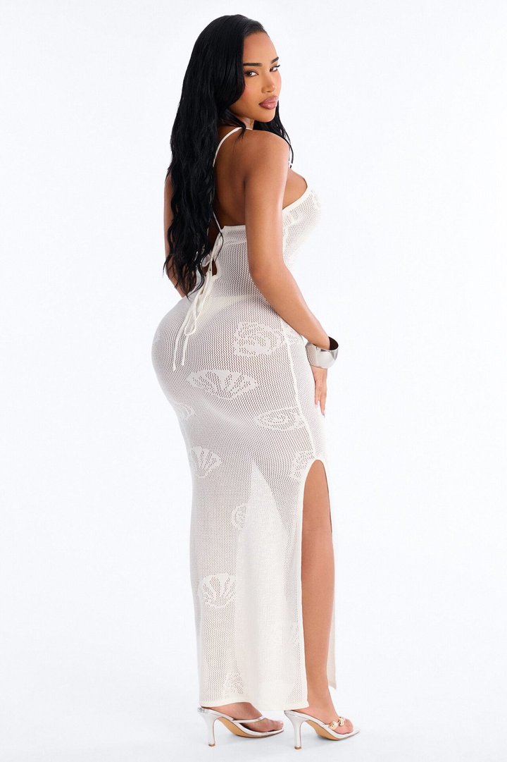 Oliva Crochet Seashells Maxi Swim Cover Up Dress - White