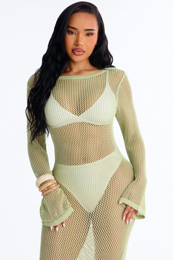 Coastal Veil Crochet Cover Up Bell Sleeve Dress - Sage