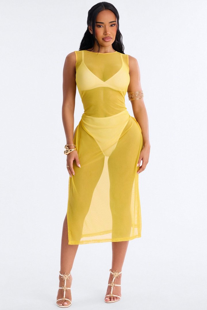 Sheer Thing Mesh Swim Cover Up Dress - Mustard