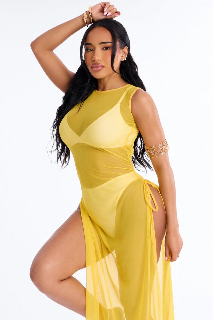 Sheer Thing Mesh Swim Cover Up Dress - Mustard