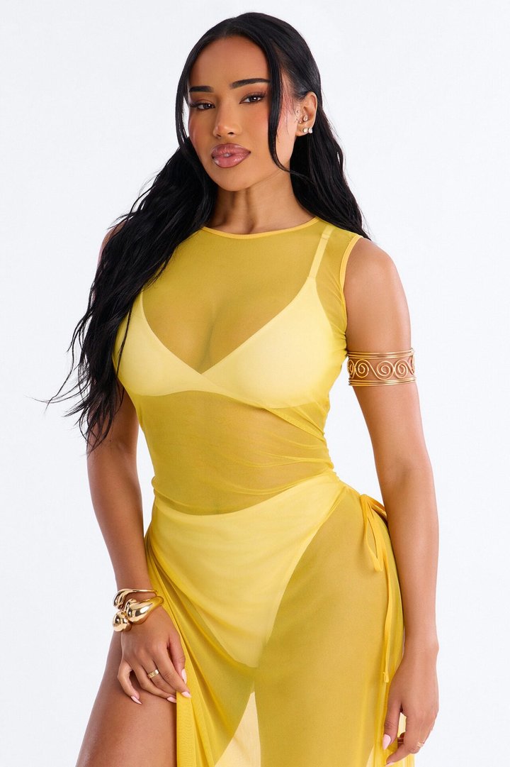 Sheer Thing Mesh Swim Cover Up Dress - Mustard