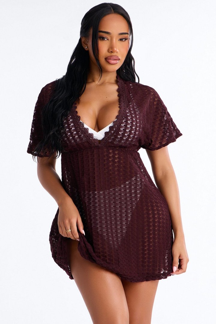 Palm Tree Shade Swim Cover Up Mini Dress - Chocolate