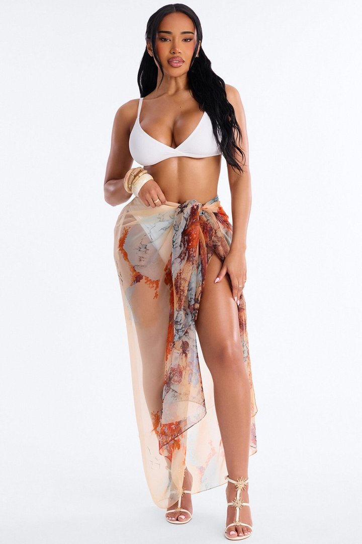 Jolie Sheer Waist Tie Swim Cover Up Sarong - Brown/combo
