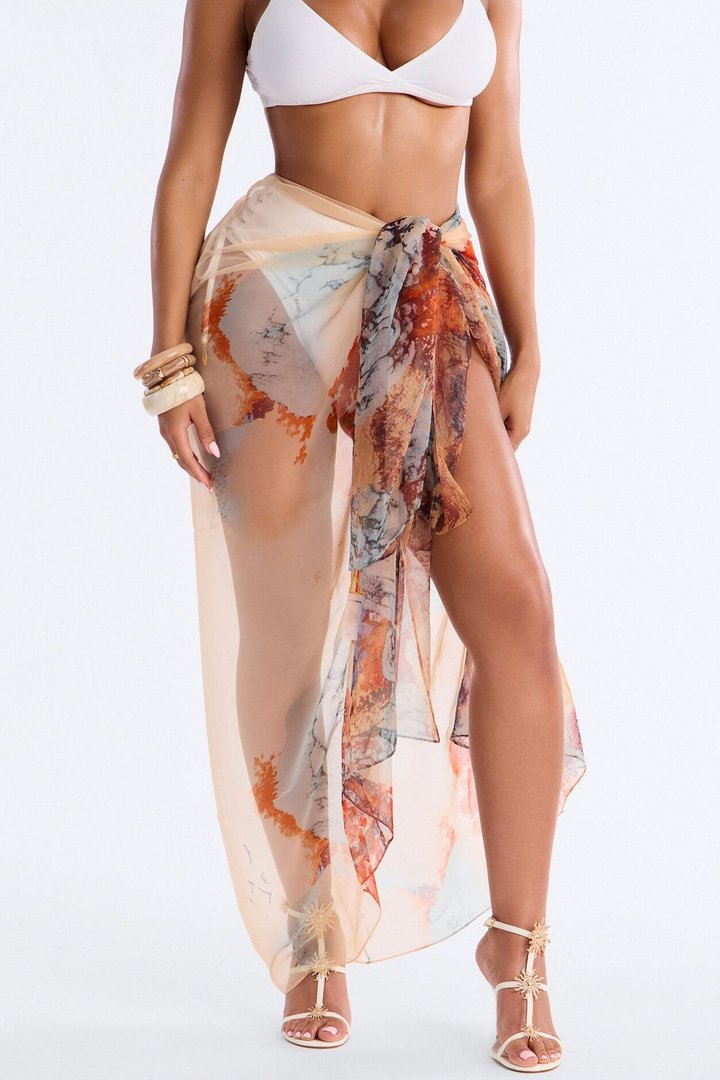 Jolie Sheer Waist Tie Swim Cover Up Sarong - Brown/combo