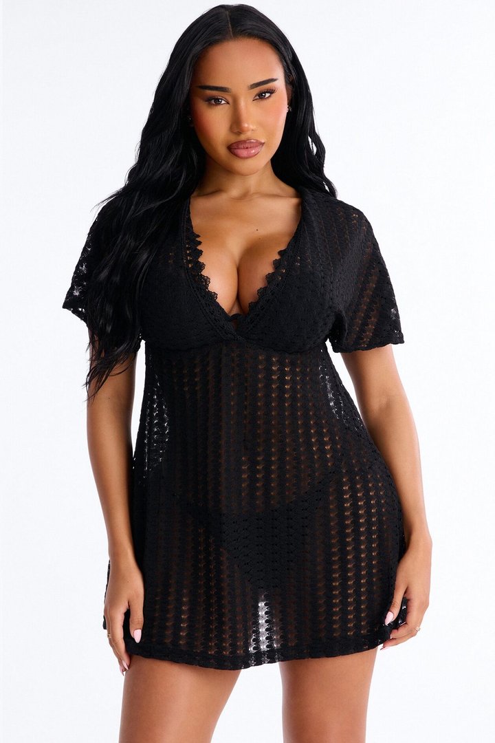 Palm Tree Shade Swim Cover Up Mini Dress - Black