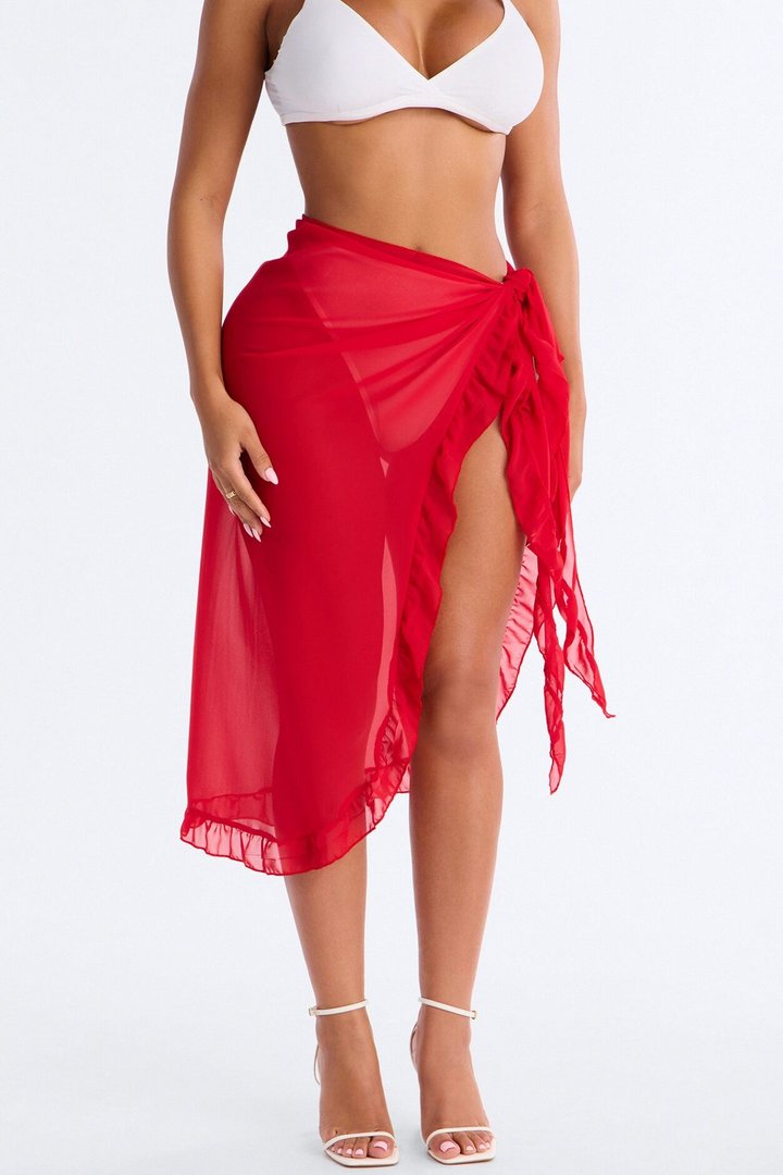 Beach Vibes Maxi Ruffle Trim Waist Tie Swim Cover Up Sarong - Red