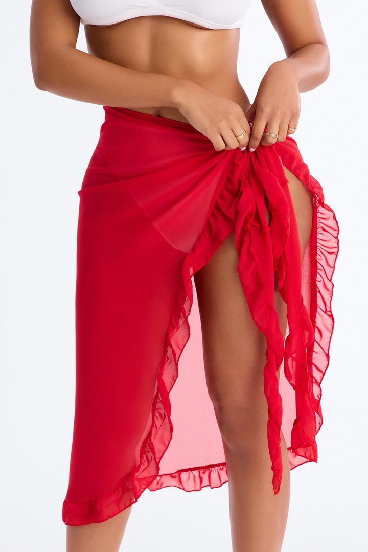 Beach Vibes Maxi Ruffle Trim Waist Tie Swim Cover Up Sarong - Red