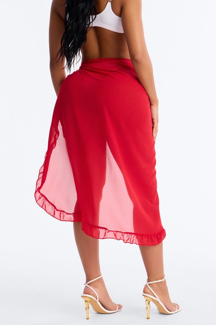 Beach Vibes Maxi Ruffle Trim Waist Tie Swim Cover Up Sarong - Red