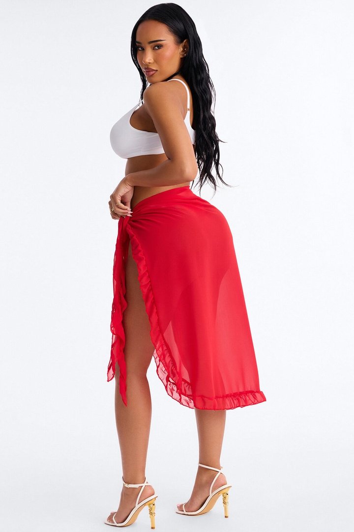 Beach Vibes Maxi Ruffle Trim Waist Tie Swim Cover Up Sarong - Red