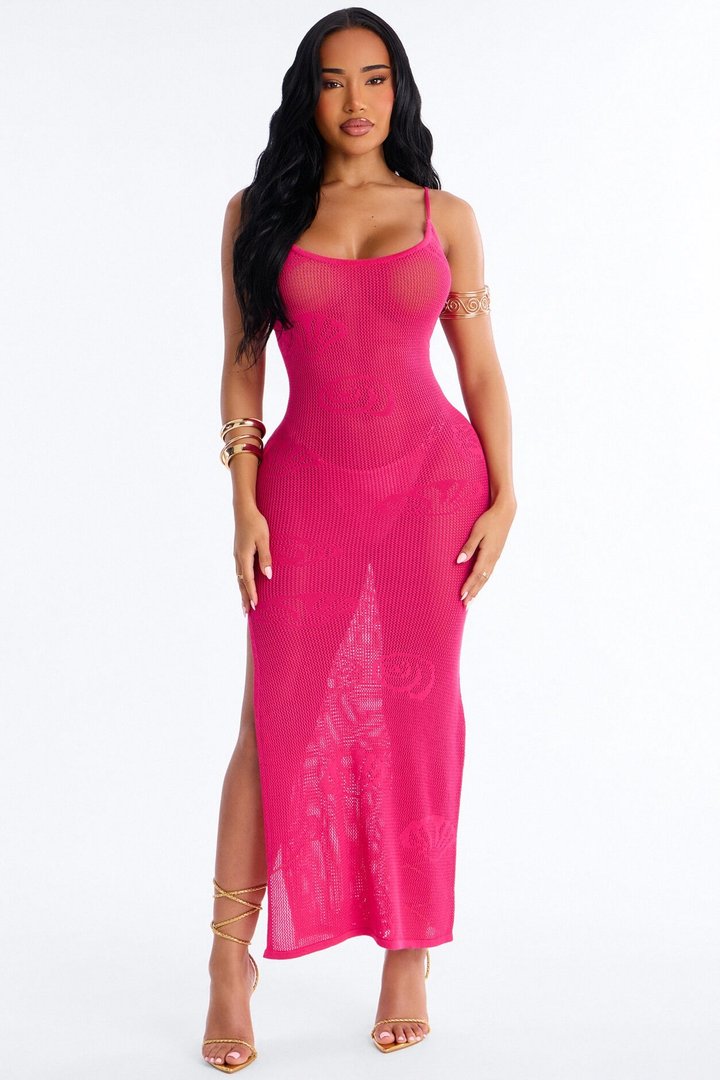 Oliva Crochet Seashells Maxi Swim Cover Up Dress - Fuchsia