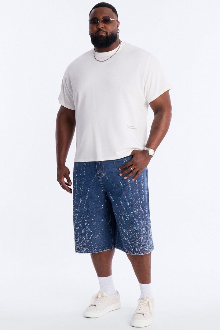 Baggy Cascade Jeweled Denim Shorts - Dark Wash