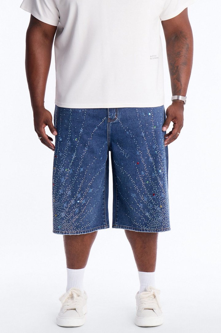 Baggy Cascade Jeweled Denim Shorts - Dark Wash