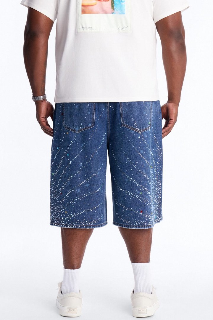 Baggy Cascade Jeweled Denim Shorts - Dark Wash