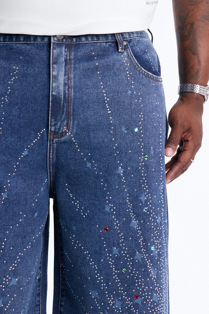 Baggy Cascade Jeweled Denim Shorts - Dark Wash