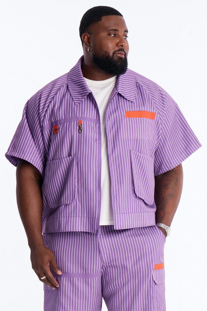 Boxy Cropped Desert Dunes Striped Button Up Shirt - Purple
