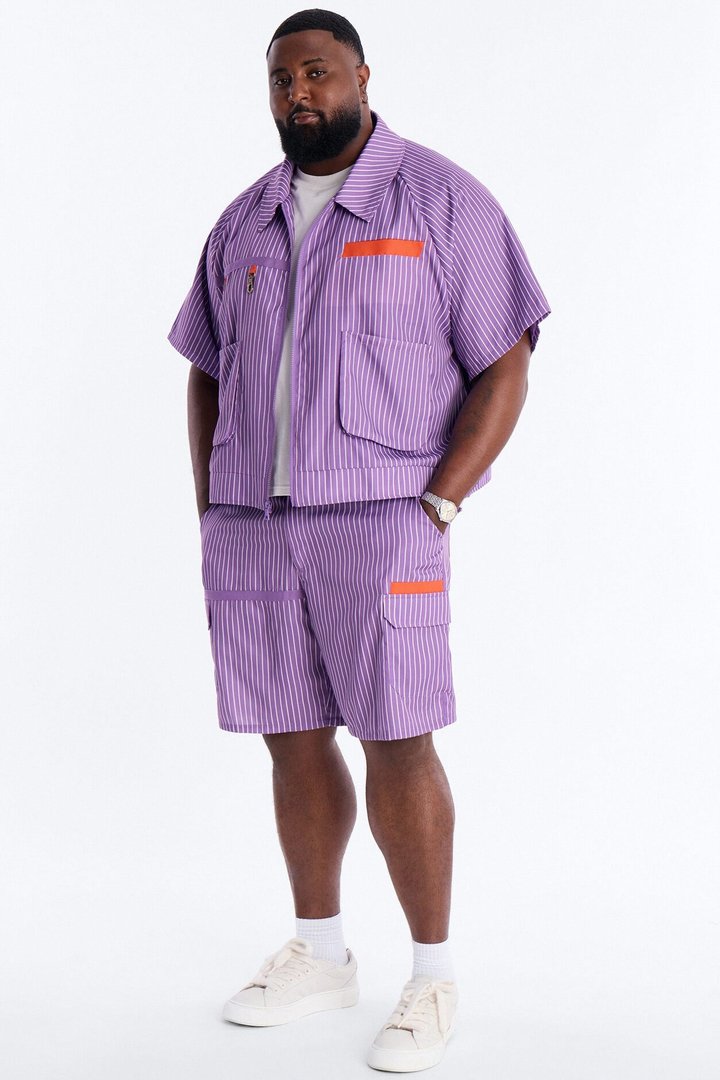 Boxy Cropped Desert Dunes Striped Button Up Shirt - Purple