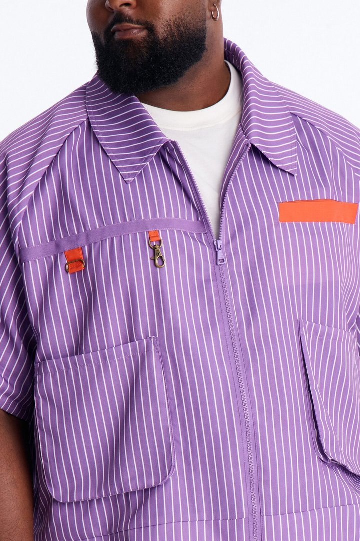 Boxy Cropped Desert Dunes Striped Button Up Shirt - Purple