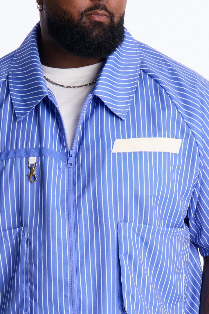Boxy Cropped Desert Dunes Striped Button Up Shirt - Blue