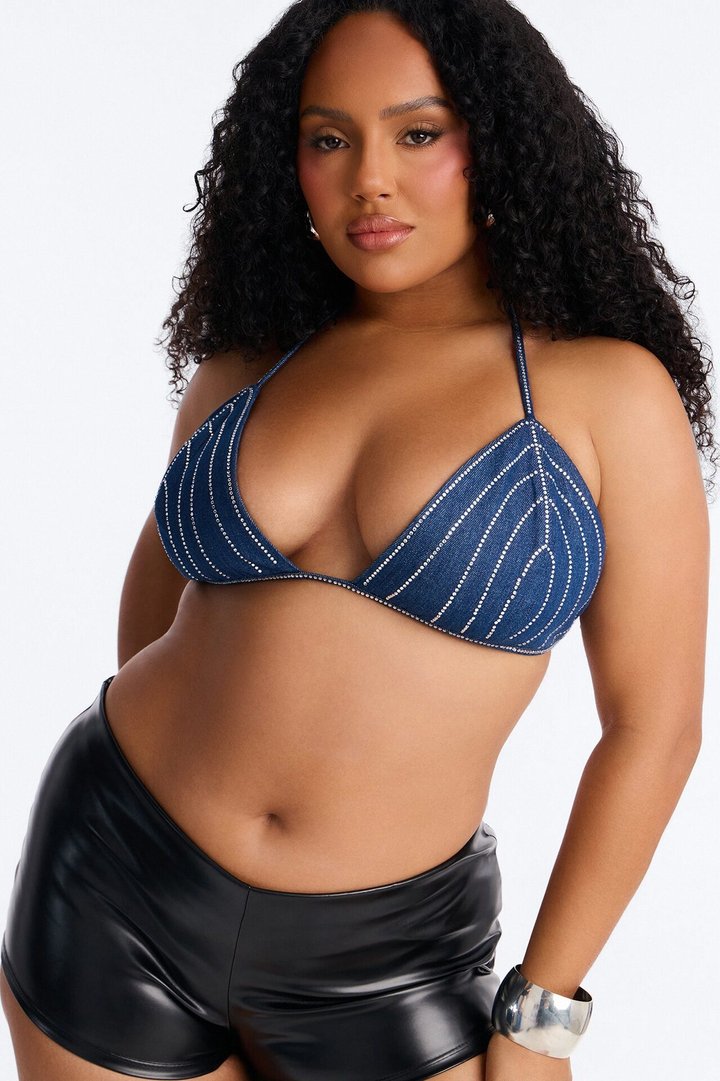 Bedazzled Everything Rhinestone Denim Bra Top - Dark Wash