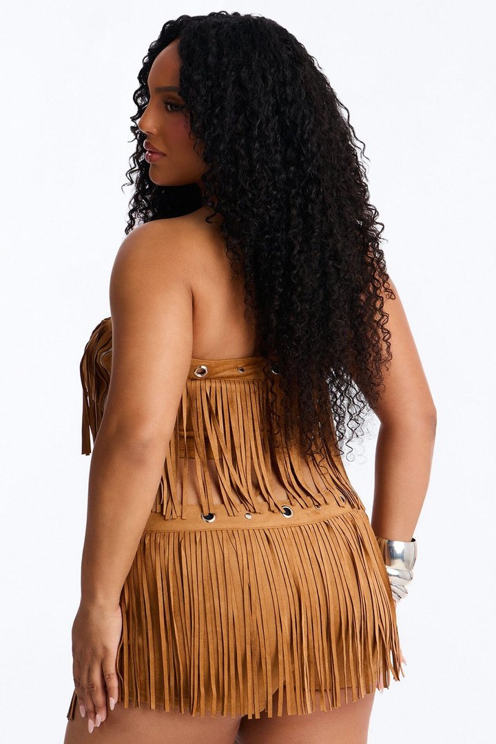 See My Swag Faux Suede Fringe Short Set - Cognac