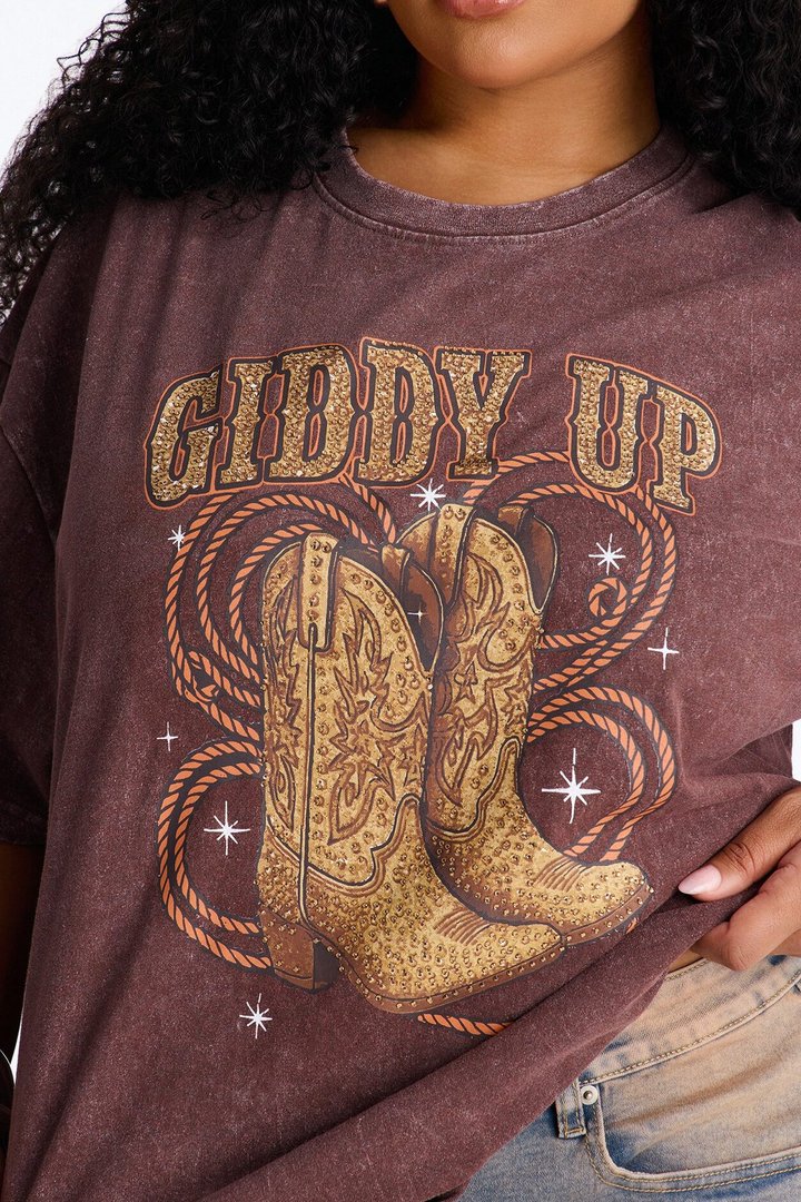 Giddy Up Boots Washed Tee With Rhinestones - Dark Brown