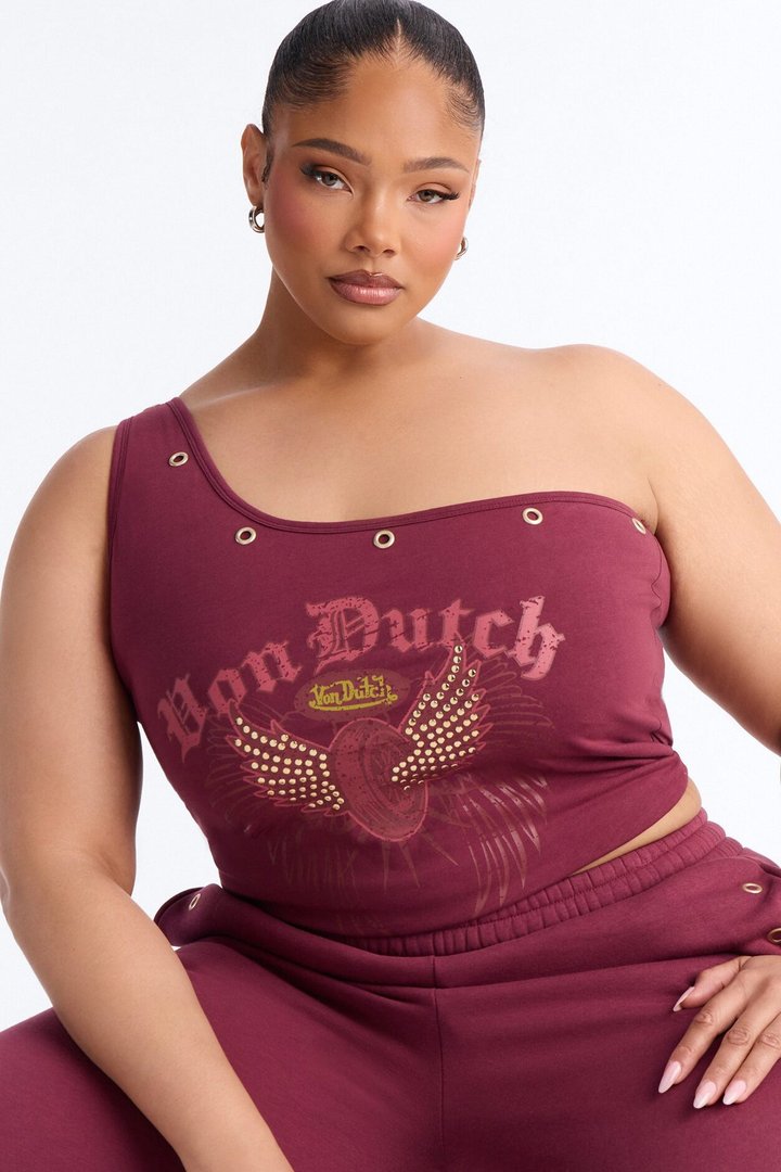 Von Dutch Studded One Shoulder Tank Top - Burgundy