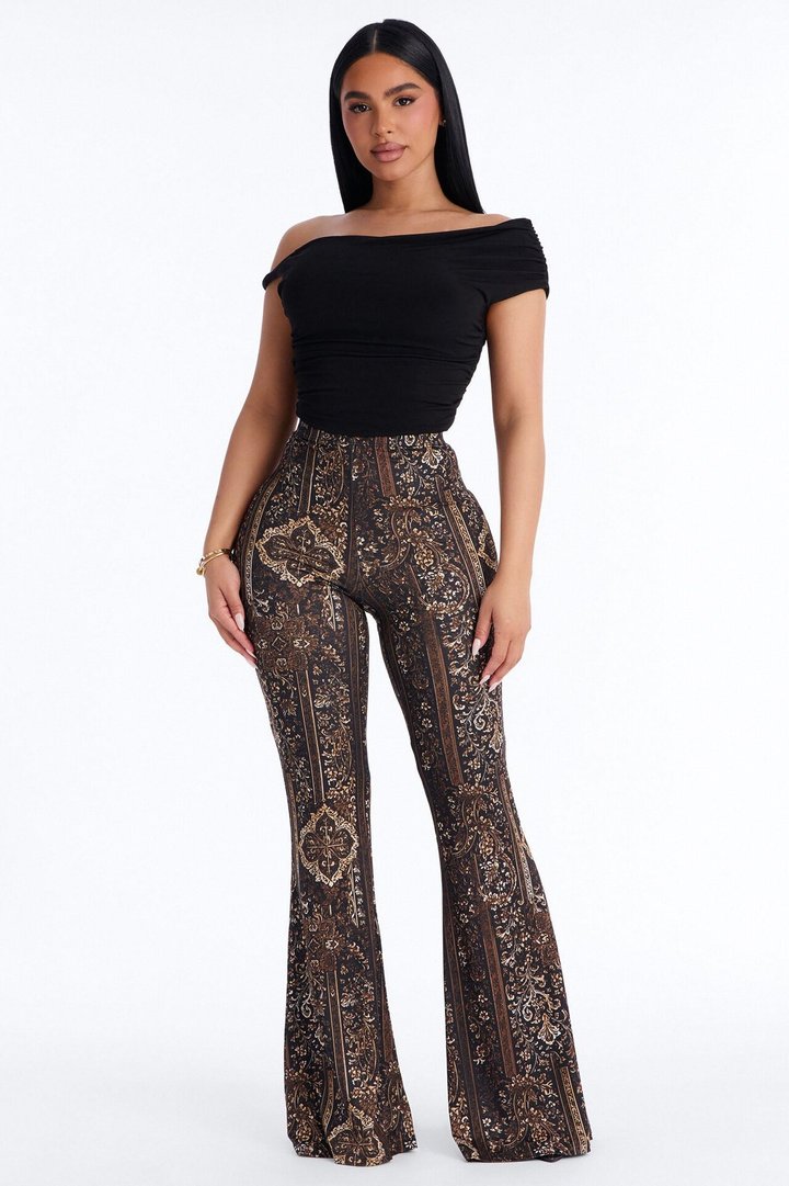 Boho Dreams Abstract Paisley Flare Pant - Brown/combo