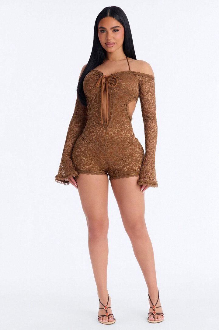 Tiana Lace Cut Out Micro Romper - Mocha