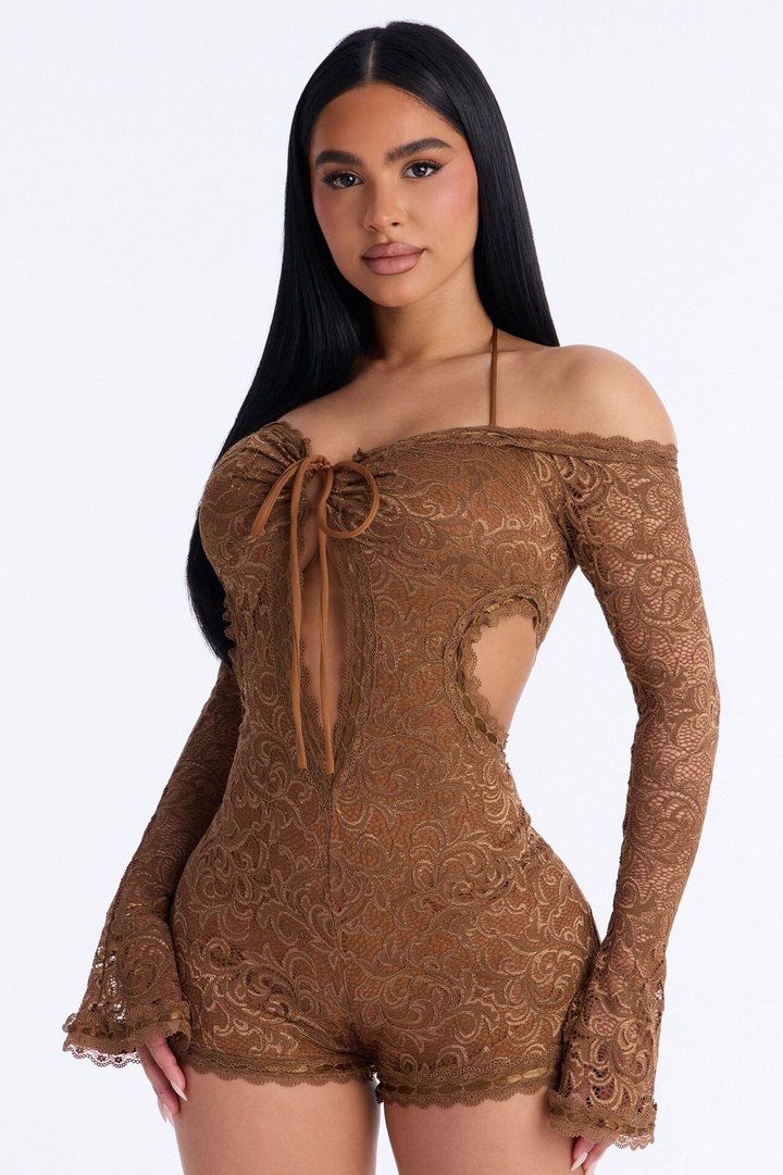 Tiana Lace Cut Out Micro Romper - Mocha