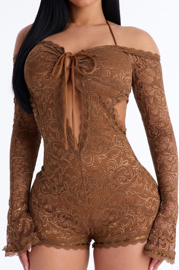 Tiana Lace Cut Out Micro Romper - Mocha