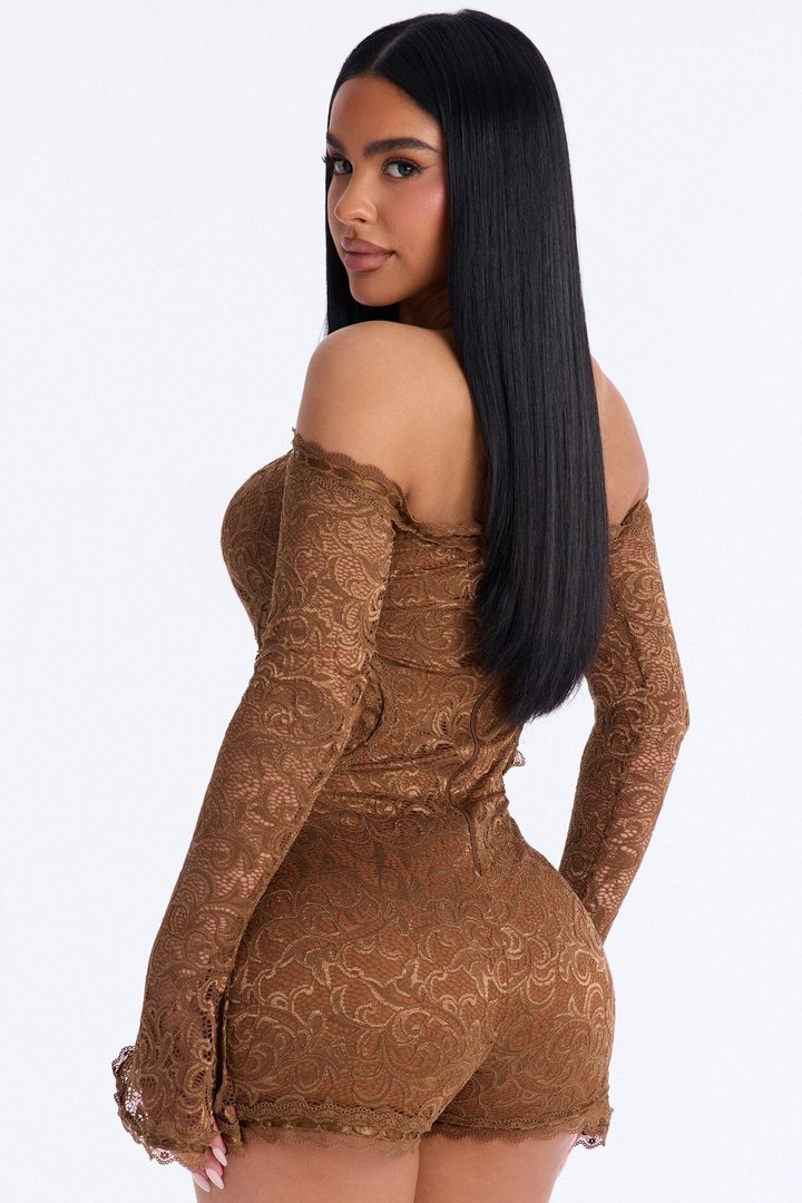 Tiana Lace Cut Out Micro Romper - Mocha