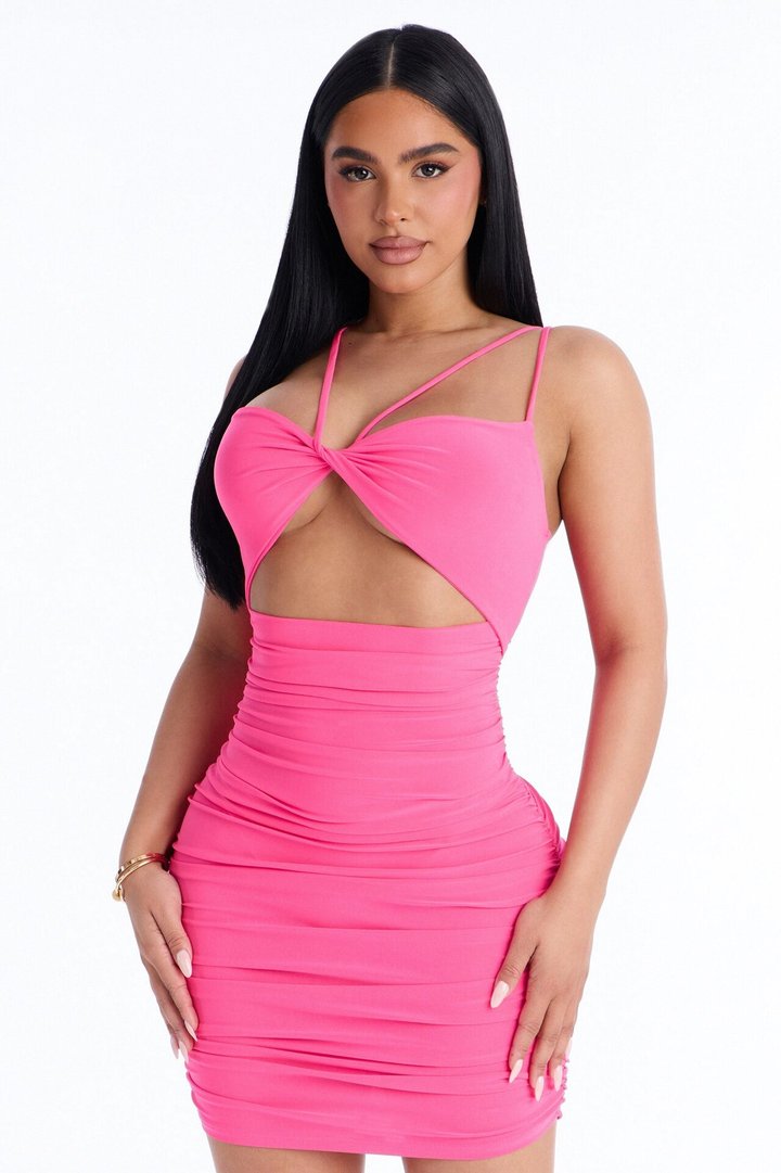 Aleah Cut Out Ruched Midi Dress - Neon Pink