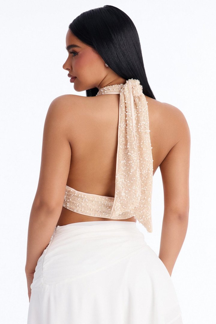 Flirt Responsibly Criss Cross Sequin Bra Top - Cream