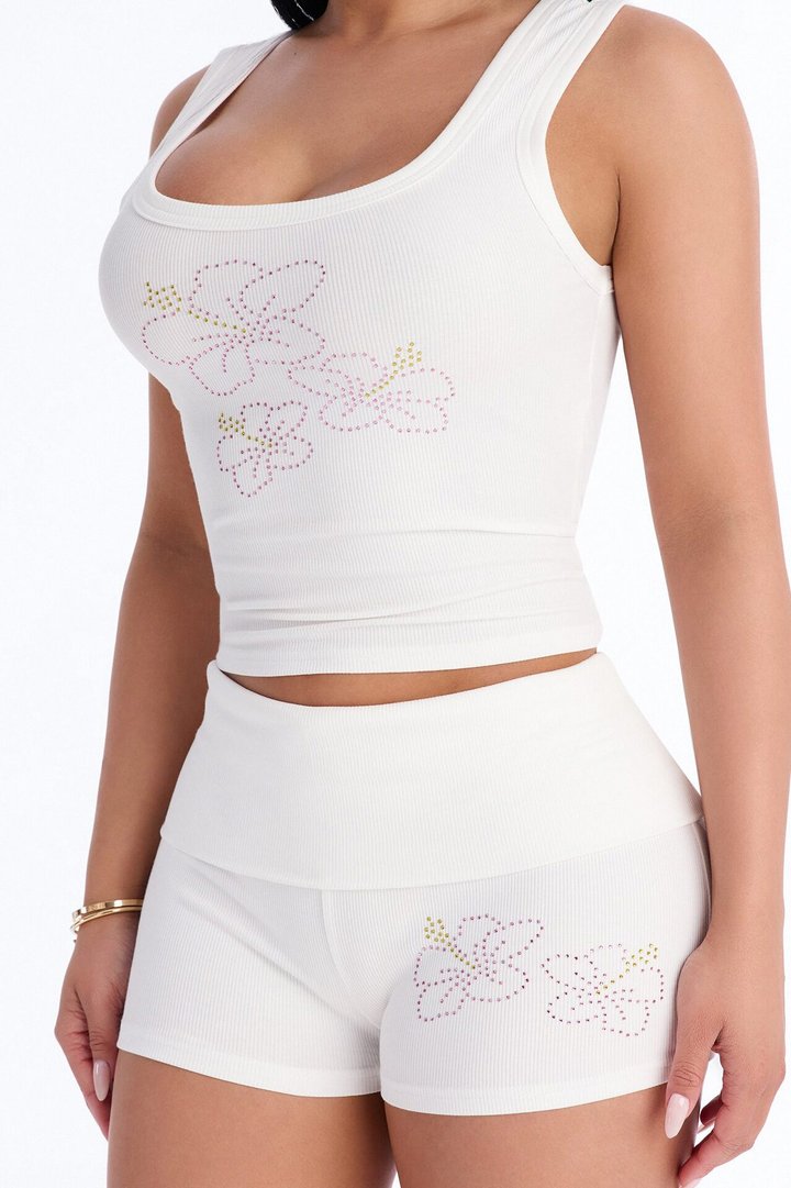 Tropical Season Fold Over Waist Micro Short Set - White