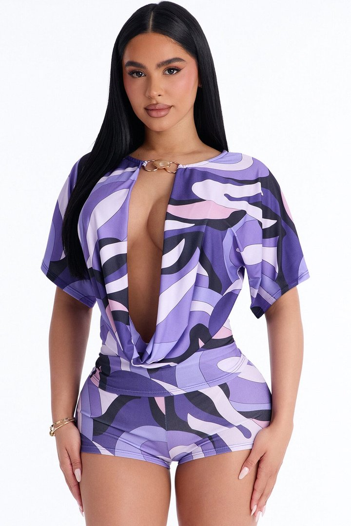 Almost Famous Cowl Neck Short Set - Purple/combo