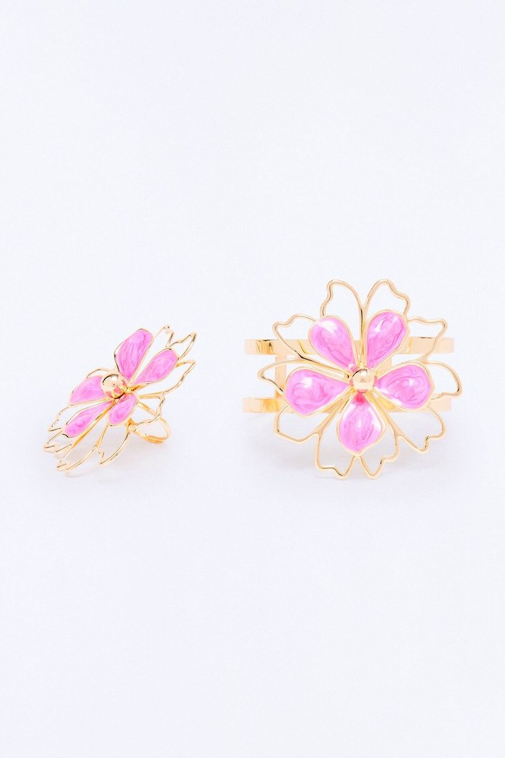 Floral Fantasy Ring And Bracelet Set - Gold/Pink
