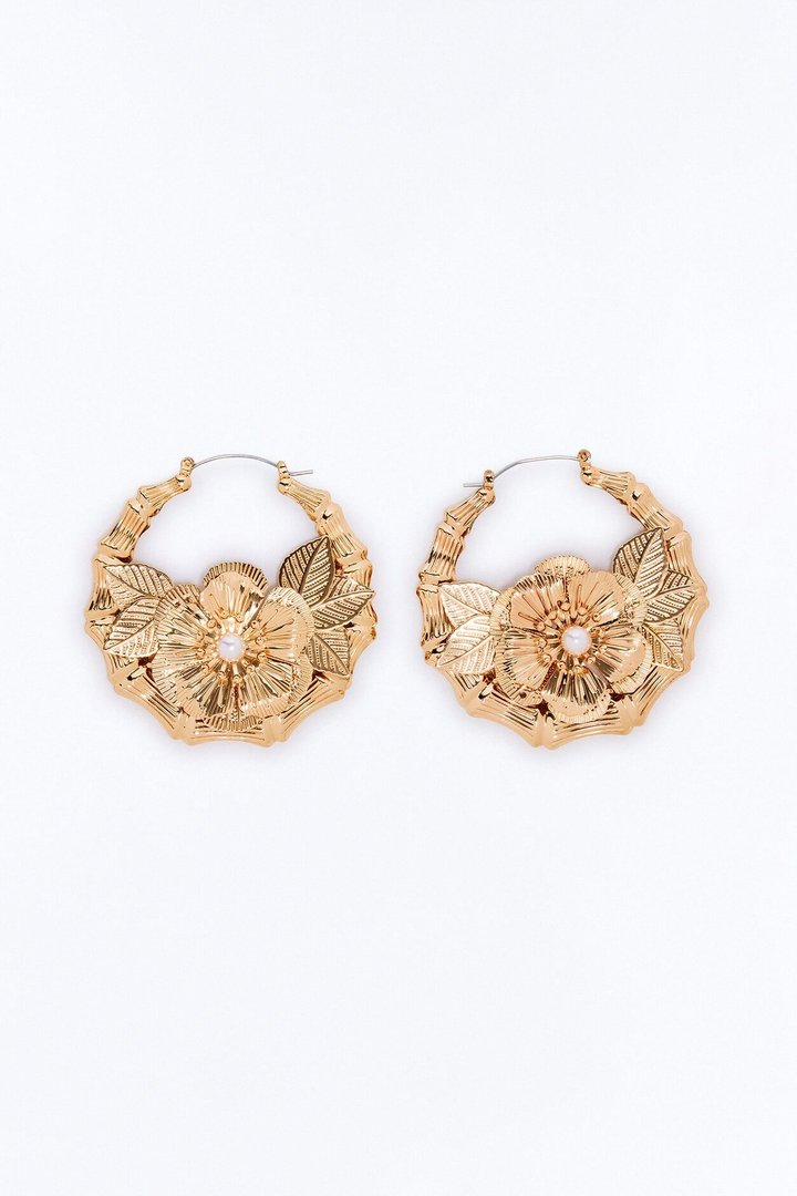 Bamboo Flower Hoop Earrings - Gold