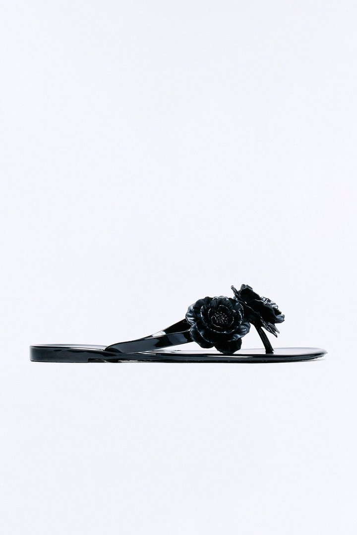 Frenchie Flower Flip Flops - Black