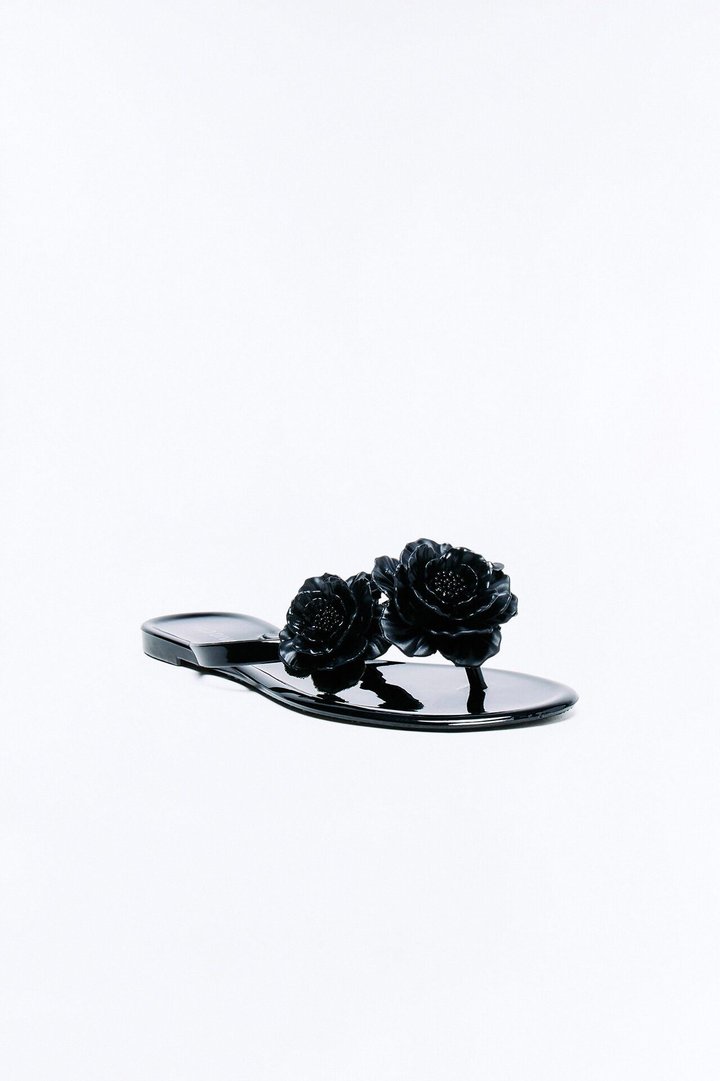 Frenchie Flower Flip Flops - Black