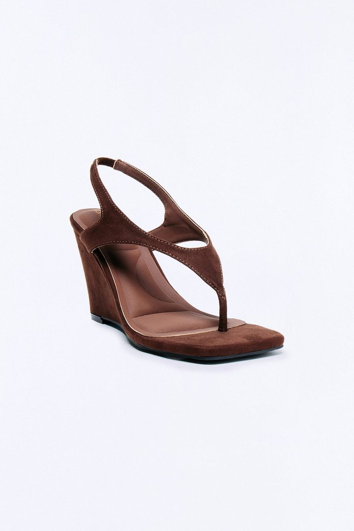 Cabley Suede Slingback Thong Wedges - Brown