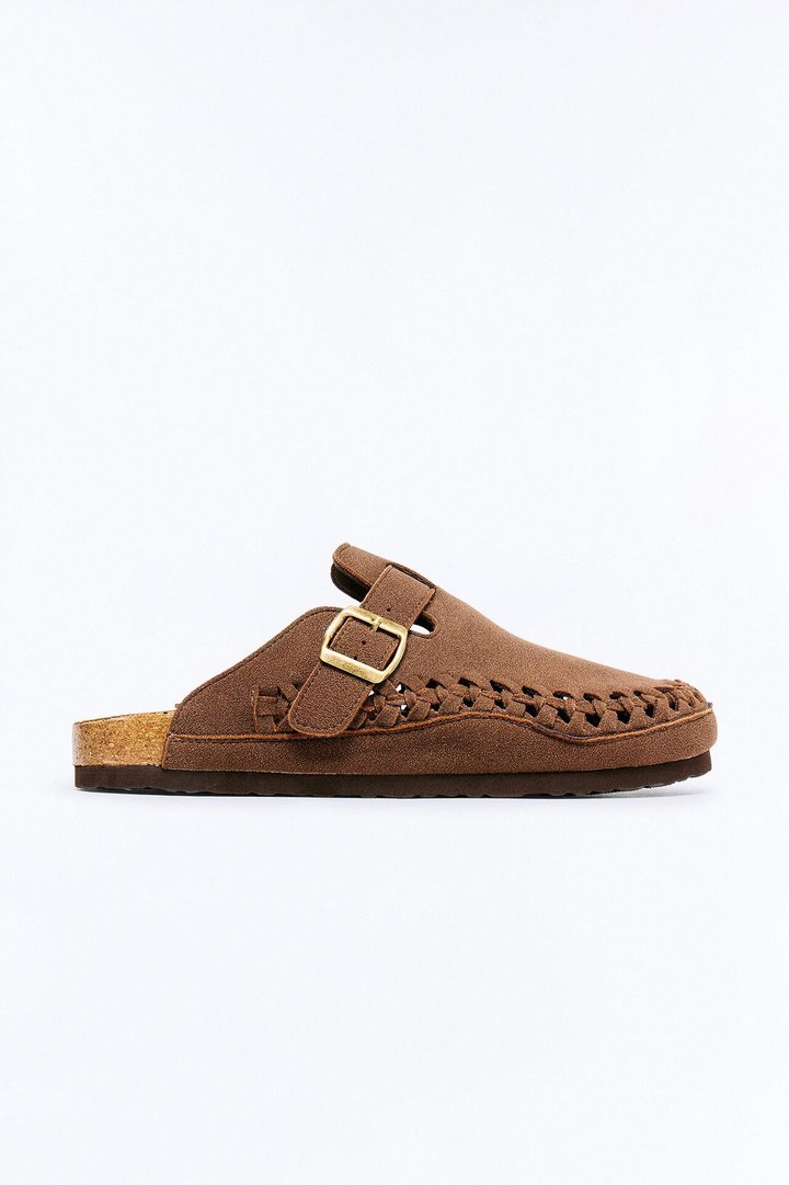 Woven Faux Suede Slip On Mule - Dark Brown