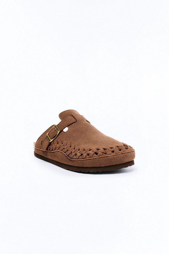 Woven Faux Suede Slip On Mule - Dark Brown