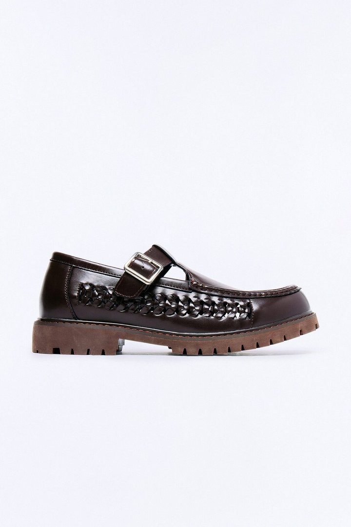 Chunky Woven Side Panel Mary Jane Shoes - Brown