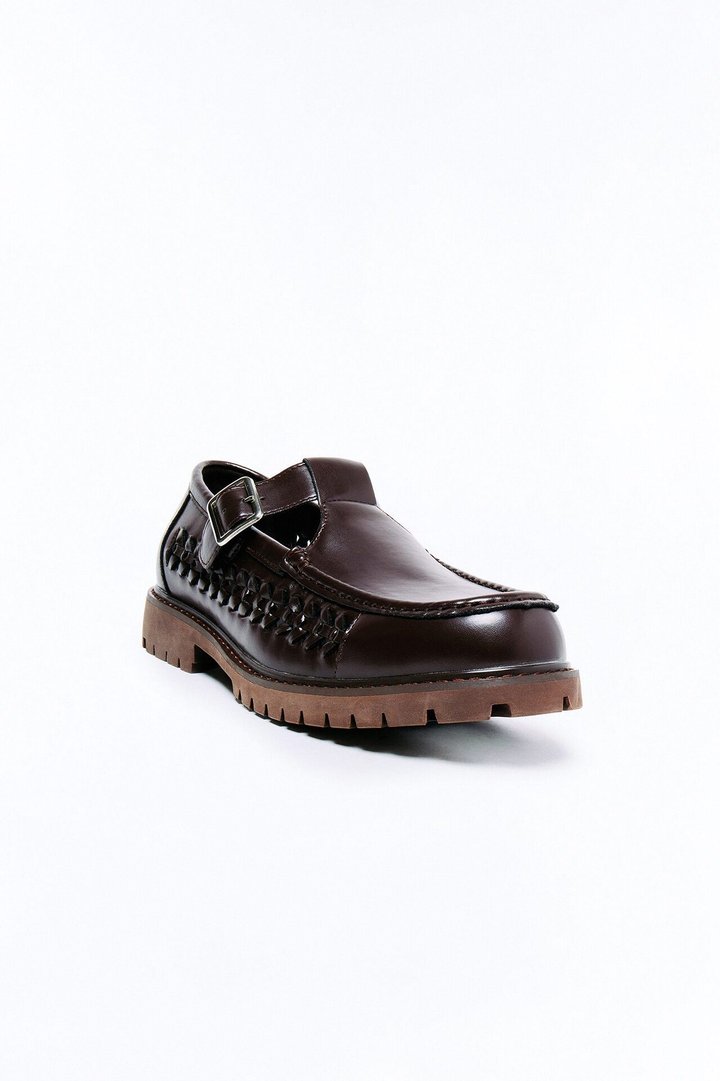 Chunky Woven Side Panel Mary Jane Shoes - Brown