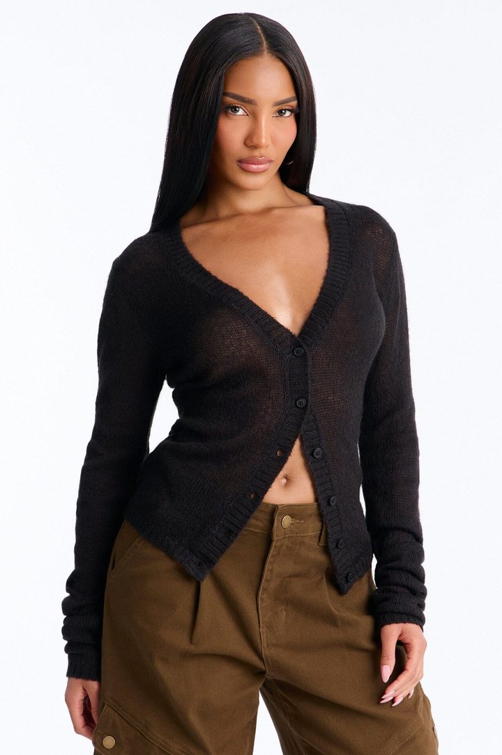 Sheer Me Out Long Sleeve Button Up Cardigan Sweater - Black