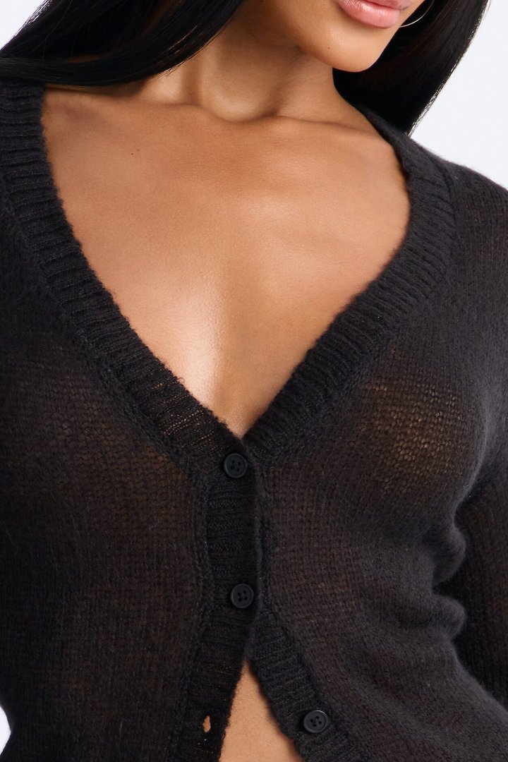 Sheer Me Out Long Sleeve Button Up Cardigan Sweater - Black