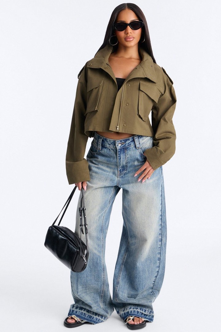 Mission Accomplished Cropped Funnel Neck Utility Jacket - Olive